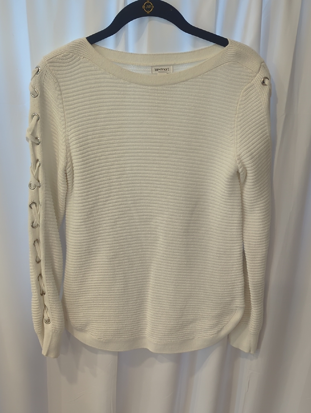 Westport Off White Ribbed Sweater Top With Silver Laced Details Size XS